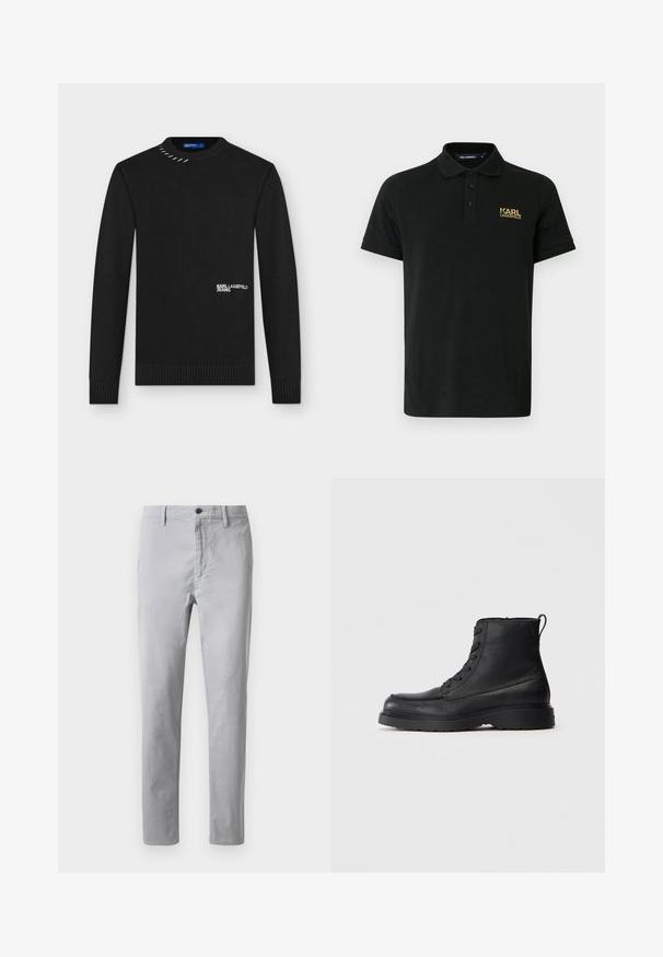 Čierny pletený sveter s dlhým rukávom s rebrovanými manžetami a lemom, biely nápis "KARL LAGERFELD JEANS" vpredu a kovový detail stehu pri golieri.; Čierne bavlnené polo tričko s klasickým golierom, tromi gombíkmi a zlatým logom "KARL LAGERFELD" na ľavej strane hrudníka. Krátke rukávy.; Sivé bavlnené chinos nohavice s rovný fit, so zapínaním na gombík, pútkami na opasok a bočnými vreckami. Hladká textúra s minimálnymi švovými detailmi.; Čierne štruktúrované kožené členkové čižmy so šnurovaním a hrubou podrážkou, so stiahnutím na zadnej strane, bočný pohľad.