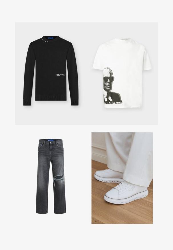 Zwarte gebreide trui met lange mouwen, geribbelde manchetten en zoom, witte tekst "KARL LAGERFELD JEANS" aan de voorkant en metalen stiksel detail nabij de kraag.; Witte T-shirt met korte mouwen en een zwarte afbeelding van een man met een zonnebril en een pak, gedrukt aan de linkerbenedenkant boven gedeeltelijke tekst.; Zwarte denim jeans met een ontspannen pasvorm, voorzien van verstoorde details en een wijde pijp. De textuur is glad met subtiele vervaging.; Witte lage sneakers met unieke uitgesneden zolen gedragen met lichte broeken op een houten vloer.
