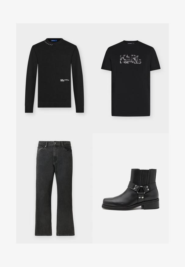 Sort langærmet striktrøje med ribstrikkede manchetter og kant, hvid "KARL LAGERFELD JEANS" tekst foran og metal syningsdetalje nær kraven.; Sort T-shirt med korte ærmer og rund halsudskæring med slidt "KARL LAGERFELD"-logo trykt hen over brystet.; Sorte denim jeans med lige ben, med en mellem taljehøjde, fem lommer og knaplukning. Diskret falmet tekstur over det hele.; The Kooples CHAUSSURES - Cowboy- / bikerstøvlette - black