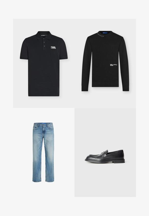 Pull en maille noir à manches longues avec poignets et ourlet côtelés, texte blanc "KARL LAGERFELD JEANS" à l'avant, et détail de couture métallique près du col.; Polo noir à manches courtes avec trois boutons et logo blanc "KARL LAGERFELD" sur la poitrine gauche.; Jean en denim bleu clair avec une coupe droite. Comprend une texture délavée, un design à cinq poches et une fermeture à bouton à l'avant avec passants de ceinture.; Mocassins en cuir noir avec une finition texturée, dotés d'une bride décorative à l'avant et d'un bout arrondi. Semelle en caoutchouc pour plus de durabilité.