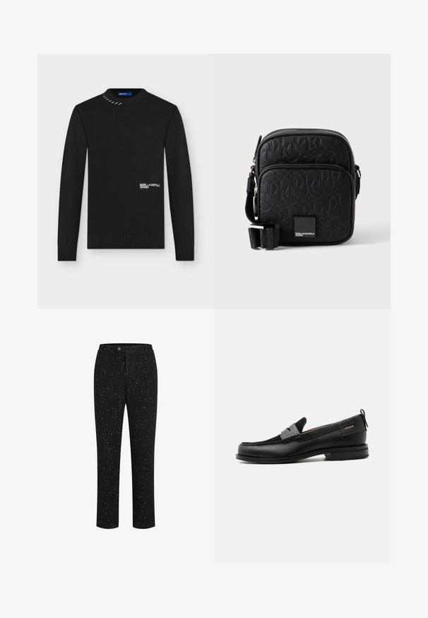 Schwarzer Strickpullover mit langen Ärmeln, mit gerippten Bündchen und Saum, weißer "KARL LAGERFELD JEANS" Schriftzug vorne und einem Metallstichdetail nahe dem Kragen.; Schwarze maßgeschneiderte Hose mit einem strukturierten Muster aus dünnen weißen vertikalen Linien, geradem Schnitt und einem Knopfverschluss an der Taille.; Schwarzer Lederloafer mit grauem Riemendetail, niedrigem Absatz und strukturierter Sohle, seitlich mit „HUGO“ in Gold gebrandmarkt.; Schwarze strukturierte Crossbody-Tasche mit eingeprägtem Muster, Frontreißverschlusstasche, verstellbarem Riemen und "Karl Lagerfeld Jeans" Logo-Plakette.