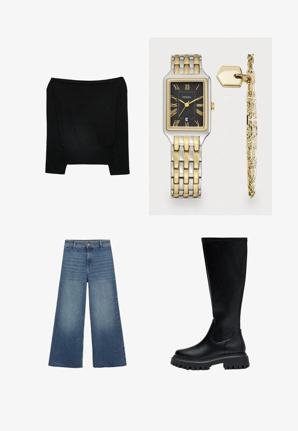 Sort off-the-shoulder trøje lavet af strikket materiale, med lange ærmer og ribbet kant. Klassisk pasform med en glat overflade.; Bredde bukser i denim i mellem blå, med høj talje, lynlås og baglommer. Stoffet har en glat overflade med subtile falmninger.; Støvler i sort læder til knæhøjde med rund tå, elastiske sideskader og en kraftig gummisål med et mønster.; To-tone sølv og guldfarvet Fossil armbåndsur med sort urskive, romertal, datovisning og lænket metalarmbånd med en sekskantet guldfarvet vedhæng.