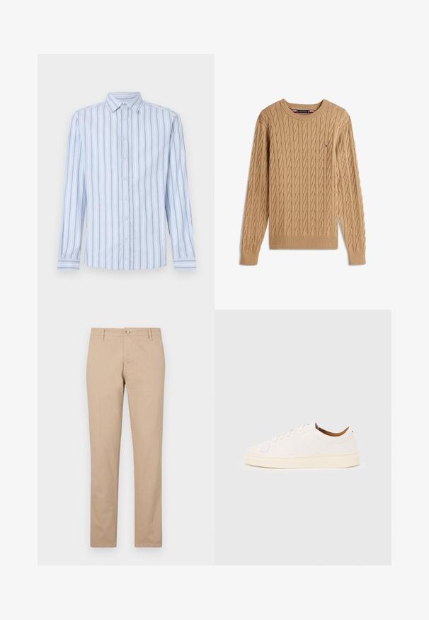 Langærmet beige kabelstrikket sweater med rund halsudskæring og lille logo på venstre bryst, vist fladt på hvid baggrund.; Lys blå langærmet skjorte med hvide og marineblå lodrette striber, knap-ned krave og frontknaplukning. Skarp stoftekstur.; Beige bukser lavet af bomuld med lige ben, der har en frontknaplukning, sidelommer og subtile teksturdetaljer.; Hvid lavtop-sneakers med snørelukning, minimale syningsdetaljer og en cremefarvet sål på en lysegrå baggrund.