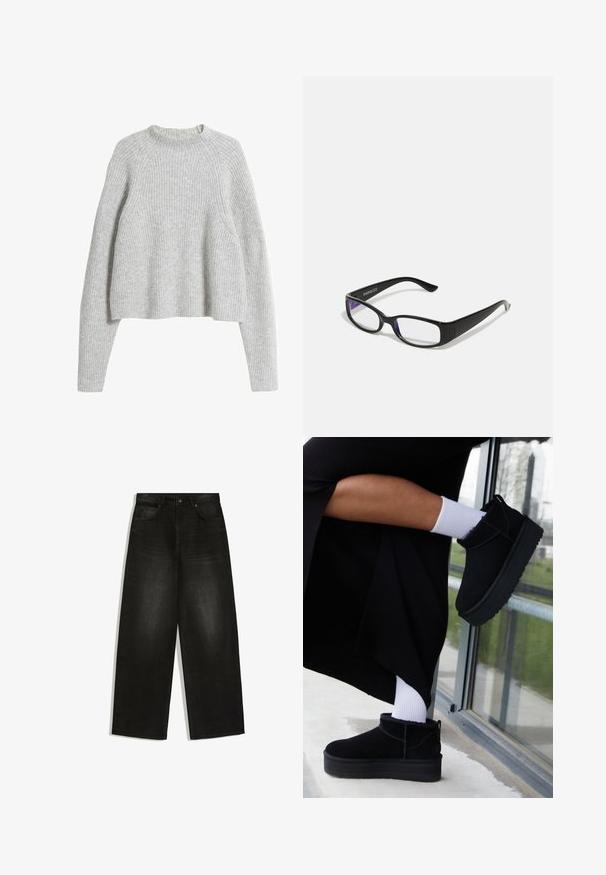 Grå ribbet sweater med høj halsudskæring, lange ærmer og en cropped kant. Lavet af et struktureret strikstof.; Sorte jeans med vide ben, frontknap og lynlås, bæltestropper og to forlommer på hvid baggrund.; Sorte suede ankelstøvler med flad sål, med en bageste træksløjfe, båret med hvide ankelstrømper mod en minimalistisk baggrund.; Sorte rektangulære briller med klare linser. Blank finish, smalle stænger, og lilla nuance synlig i kanterne af linsen.