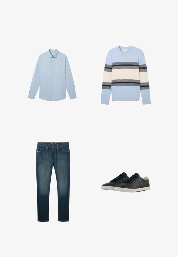 Lyseblå pullover trøje med horisontale striber i mørkeblå, grå og creme. Lavet af blødt strikket materiale med rund hals.; Lyseblå langærmet skjorte lavet af stof med et struktureret mønster, med en button-down krave og en enkelt brystlomme.; Mørkeblå denimjeans med slim fit, fem-lomme design og kontrasterende gyldne syninger. Lysblegede områder på forsiden af lårene og en ren kant.; Marine læder sneakers med hvide gummisåler, rund tå og sorte snørebånd. Subtile teksturer og branding på siderne. Casual design.