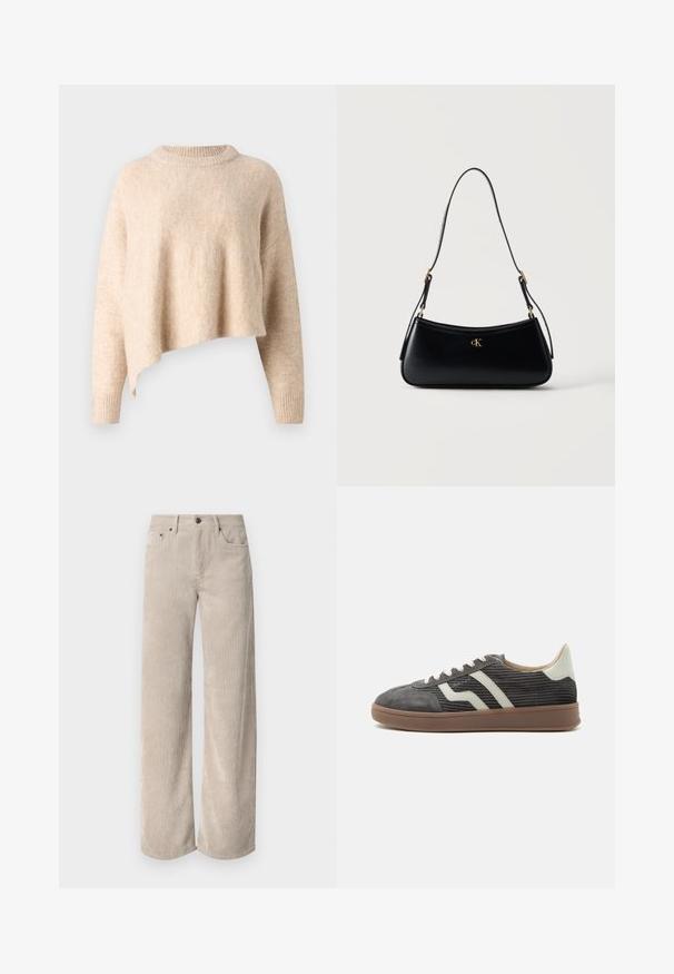 Suéter corto beige con cuello redondo, textura suave y mangas largas. Presenta un dobladillo ligeramente asimétrico y puños acanalados.; Pantalones de pana anchos beige con rayas verticales, con cierre de botón y bolsillos frontales. Tejido suave y texturizado con un ajuste relajado.; Zapatilla baja de pana gris con rayas laterales blancas, lengüeta beige en el talón, cordones blancos y suela de goma marrón.; Bolso de cuero negro para el hombro con forma curva, correa ajustable y logo dorado "cK" en el centro delantero.