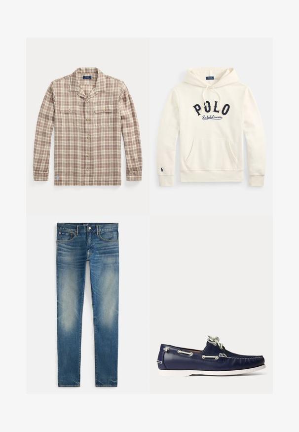 Hägune kapuutsiga dressipluus helerohelise tooniga, ees tasku, rinnaosas tumelilla "POLO Ralph Lauren" kirjaga ning vasaku varruka mansetil väike tikitud logo.; Bežika ja valge ruuduline pikkade varrukatega nööbitav särk, krae ja kahe rinnataskuga, Polo Ralph Lauren silt näha krae sees.; Sinised tuhm koosseisuga kitsad teksad, nööbi ja tõmbluku kinnitusega, esikülje taskud ja väike münditasku, esitage valgel taustal lahtiselt.; Tumesinist nahast paatjalanõud valgete paelte ja õmblustega, valge kummist tallaga ja metallist silmadega heledal taustal.