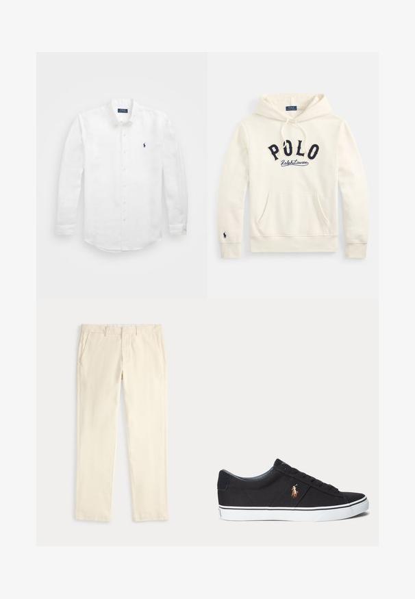 Hägune kapuutsiga dressipluus helerohelise tooniga, ees tasku, rinnaosas tumelilla "POLO Ralph Lauren" kirjaga ning vasaku varruka mansetil väike tikitud logo.; Valge pikavarrukaga puuvillane särk, millel on nööpidega kaelus, vasakul rinnal väike tumesinine logo ja klassikaline nööpide sulgemine.; Kreemikas sirge jalaosaga püksid vöö aasade ja küljetaskutega, esitatud tasaselt heledal taustal.; Mustad madala säärega tossud valge kummist tallaga ja küljele tikitud pruun hobuse logo.