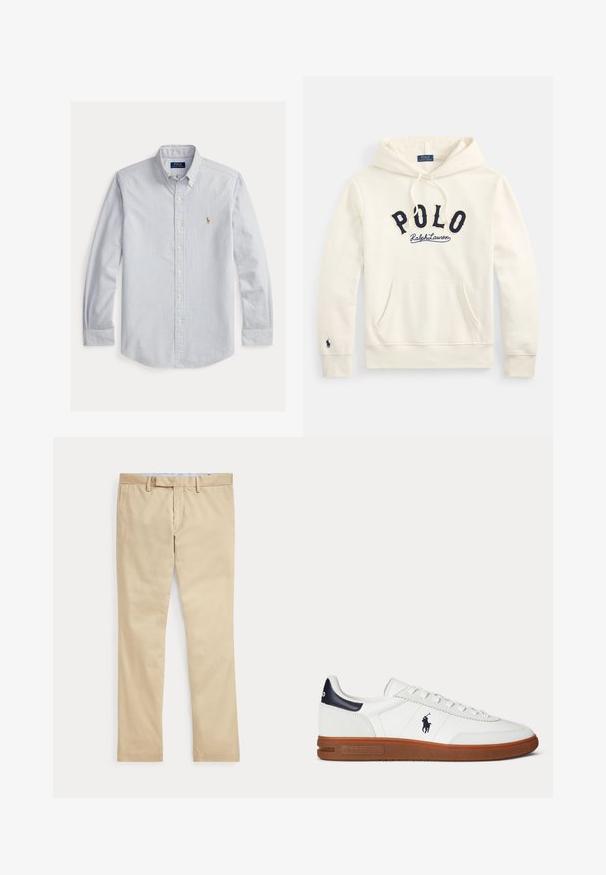 Sudadera de color blanco roto con capucha y bolsillo canguro, con letras en azul marino "POLO Ralph Lauren" en el pecho y pequeño logo bordado en el puño de la manga izquierda.; Camisa de manga larga con rayas verticales en azul claro y blanco, con botones, cuello abotonado y pequeño logo bordado en el pecho.; Pantalones beige de corte recto con trabillas para cinturón y cremallera frontal, colocados planos sobre un fondo blanco.; Zapatilla blanca de corte bajo con suela marrón, parche negro en el talón, logo bordado de un jugador de polo y cordones blancos.