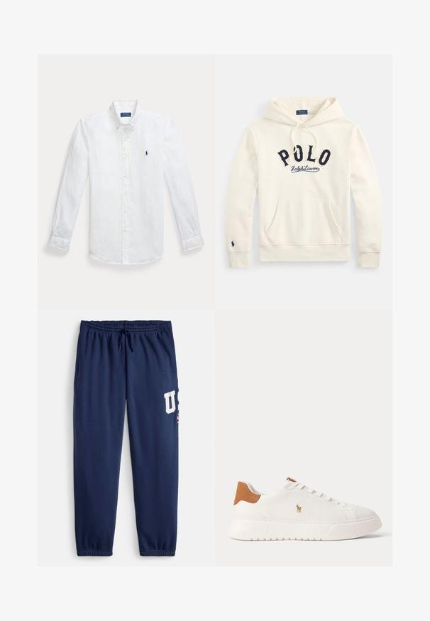 Hägune kapuutsiga dressipluus helerohelise tooniga, ees tasku, rinnaosas tumelilla "POLO Ralph Lauren" kirjaga ning vasaku varruka mansetil väike tikitud logo.; Valge linane pikkade varrukatega nööpidega särk, millel on terav krae ja vasakul rinnal sinine tikandiga logo. Omab nööpkäeotsasid.; Tumesinised dressipüksid puuvillasegust materjalist, millel on elastne vöökoht nööriga, küljetaskud ja suur valge "US" logo.; Valged madala säärega tossud, pruun kannaosa, valged paelad ja väike tikandiga polo mängija logo külje peal paksu taldmiku kohal.