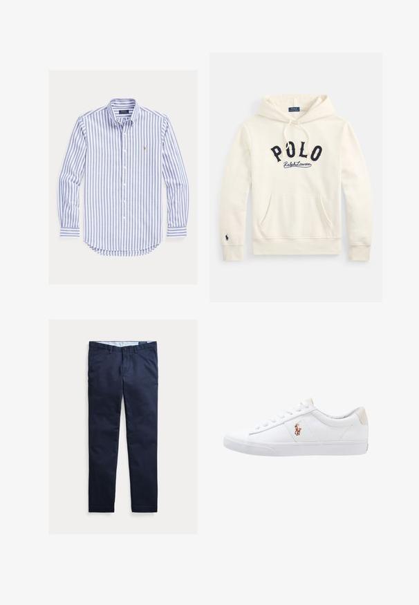 Off-white majica s kapuljačom s kangaroo džepom, tamnoplavi natpis "POLO Ralph Lauren" na prsima i mali vez na manžeti lijeve rukave.; Plava i bijela košulja s vertikalnim prugama, dugim rukavima, kopčom na gumbe, ovratnikom s gumbima i malim izvezenim logom na prsima.; Tamnoplave muške chinos hlače uskog kroja s petljama za remen, prednjim gumbom i džepovima, prikazane ravno na bijeloj pozadini.; Bijela platnena tenisica s niskim dizajnom, s bež tabanom na peti i malim izvezenim logotipom sa strane. Gumeni đon.