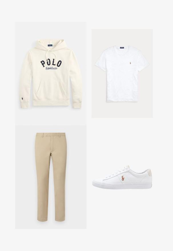 Sudadera de color blanco roto con capucha y bolsillo canguro, con letras en azul marino "POLO Ralph Lauren" en el pecho y pequeño logo bordado en el puño de la manga izquierda.; Camiseta blanca de manga corta y cuello redondo con pequeño logo bordado de Polo Ralph Lauren en el pecho izquierdo y etiqueta azul de la marca en el interior del cuello.; Pantalones de algodón beige con corte recto, que cuentan con presillas para cinturón, frente plano y dobladillos ajustados. Textura suave y detalles mínimos.; Zapatilla de lona blanca con diseño de corte bajo, que cuenta con un taco trasero beige y un pequeño logo bordado en el costado. Suela de goma.