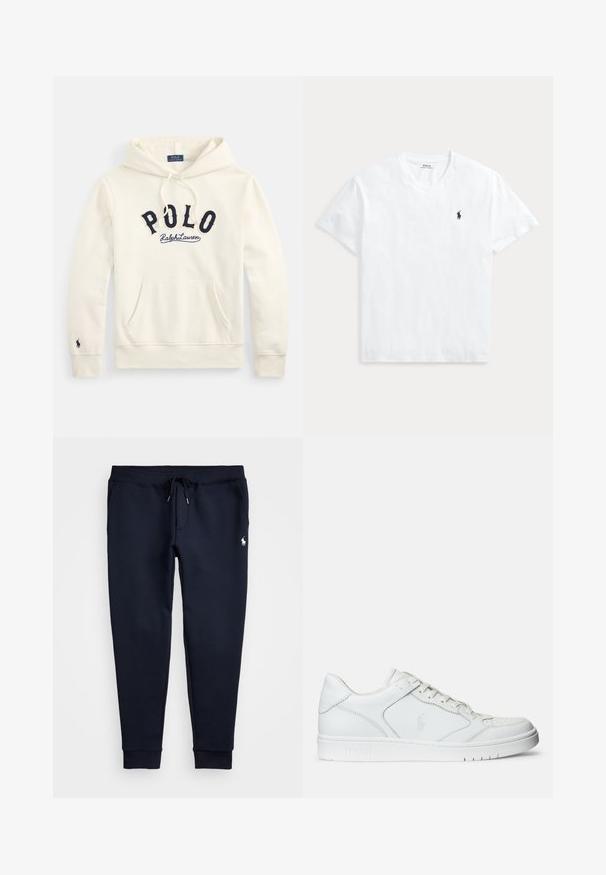 Off-white hooded sweatshirt met kangaroezak, marineblauwe "POLO Ralph Lauren" letters op de borst en een klein geborduurd logo op de linkermouwmanchet.; Wit T-shirt met V-hals en korte mouwen met een klein marineblauw Polo Ralph Lauren paardenlogo op de linkerborst.; Marineblauwe joggingbroek met trekkoord in de taille, zijzakken, geribbelde enkels en klein wit paardenlogo op de rechterdij.; Witte leren sneaker met een gladde textuur, voorzien van een geperforeerde neus, vetersluiting en geborduurde logo aan de zijkant. Witte rubberen zool.