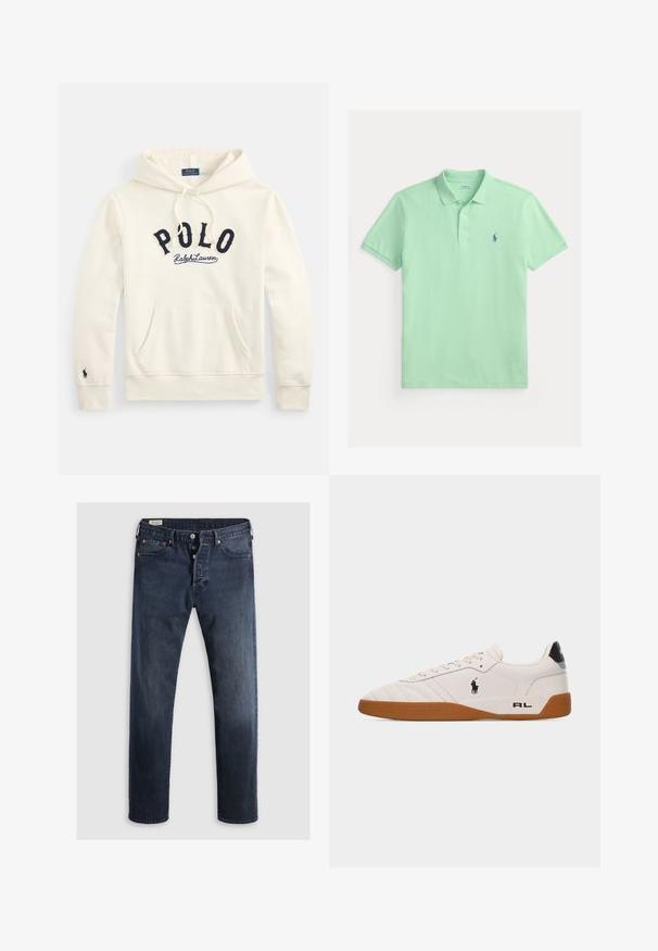 Off-white hættetrøje med kængurulomme, marineblåt "POLO Ralph Lauren" tryk på brystet og lille broderet logo på venstre ærmekant.; Lysegrøn polo lavet af glat bomuldsstof med to knapper og et lille blåt broderet logo på brystet.; Mørkeblue denimjeans med lige ben, der har lynlås i fly, metalknapper og kobbernitter. Glat tekstur, ingen synlige mønstre.; Hvid lav sneakers med brun gummisål, sort Polo Ralph Lauren-logo på siden og "RL" tekst på hælområdet.