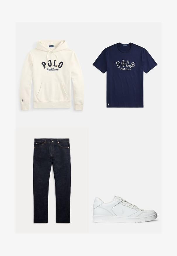Sudadera de color blanco roto con capucha y bolsillo canguro, con letras en azul marino "POLO Ralph Lauren" en el pecho y pequeño logo bordado en el puño de la manga izquierda.; Camiseta azul marino de manga corta con el texto "POLO Ralph Lauren" en el pecho y un pequeño logo blanco de un jugador de Polo cerca del dobladillo inferior.; Vaqueros de mezclilla azul oscuro con cinco bolsillos, cierre de botón y cremallera, y costuras doradas visibles, mostrados planos sobre un fondo claro.; Zapatilla de cuero blanca con textura suave, que presenta una puntera perforada, cierre de cordones y logo bordado en el lateral. Suela de goma blanca.