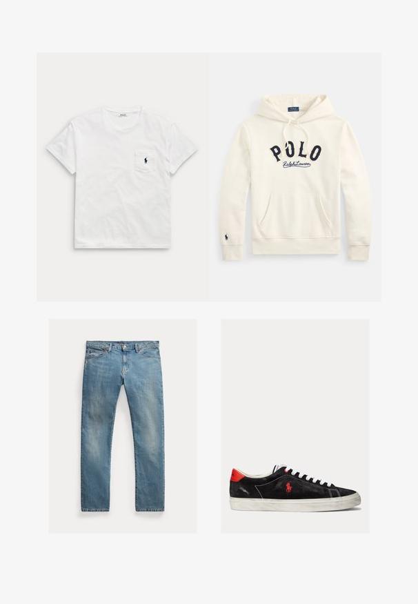 Cremeweißer Kapuzenpullover mit Kängurutasche, marineblauer "POLO Ralph Lauren" Schriftzug auf der Brust und kleinem gesticktem Logo am linken Ärmelsaum.; Weißes T-Shirt mit kurzen Ärmeln und Rundhalsausschnitt mit einer Brusttasche, die ein kleines dunkles Polospieler-Logo zeigt.; Hellblaue Jeans aus Denim mit geradem Schnitt, Knopfverschluss, fünf Taschen, dezenten Verblassungen und kontrastierenden Nähten.; Schwarze Wildleder-Sneaker mit weißen Schnürsenkeln, roten Akzenten an der Ferse und einem kleinen roten Logo. Sie verfügen über eine flache Gummisohle und einfache Nähte.