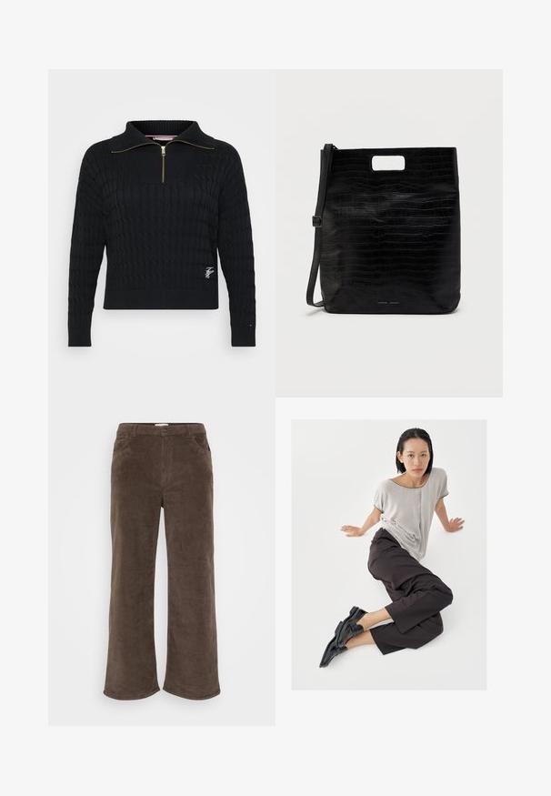 Sort strikket sweater med en lynlås-krave, tekstureret kabelmønster, ribbede manchetter og et lille broderet logo på kanten.; Brune kordfløjlsbukser med et vidt ben-design, der har en knaplukning, bæltestropper og forlommer. Blød tekstur og ribbet stof.; Lysegrå top med korte ærmer, mørke bukser med vide ben og sorte loafers. Glat stof, afslappet pasform og kontrastfarvet kant på skjorten.; Sort faux læder tote taske med krokodilletekstur, rektangulær form, håndtagsskæring i toppen og en aftagelig skulderstrop. Brandlogoet er vist.