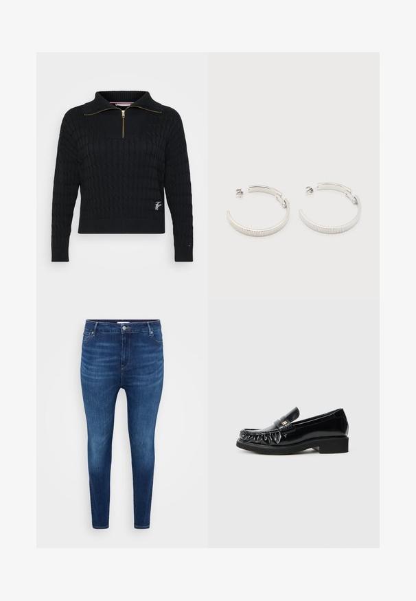 Sort strikket sweater med en lynlås-krave, tekstureret kabelmønster, ribbede manchetter og et lille broderet logo på kanten.; Mørkeblå skinny jeans med forlommer, bæltestropper og knaplukning på en ensfarvet lys baggrund.; Sorte patentlæderloafer med en dekorativ rynket kant, flad gummisål og en lille metallogoaccent på remmen.; Sølvfarvede halvcirkelformede creoler med riflet tekstur og trykknapslukning på hvid baggrund.