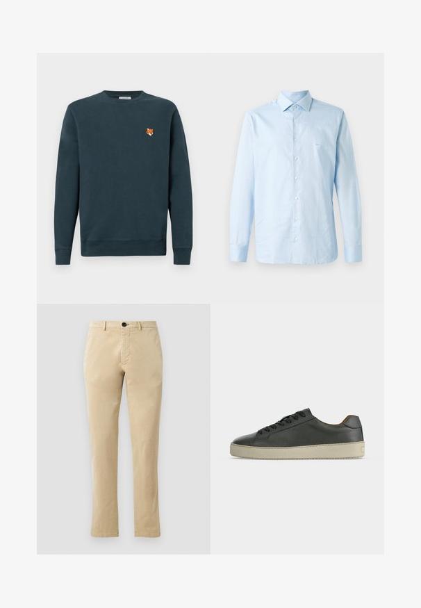 Mørk teal sweatshirt lavet af blødt stof. Rund halsudskæring, lange ærmer, med et lille broderet rævehoveddetalje på brystet.; Lyseblå langærmet skjorte lavet af bomuld. Har en krave med knapper, en centreret knaplukning og en diskret logoaccent på brystet.; Beige bomulds chinos med lige ben, der har en front knaplukning og diskrete syninger. Glat tekstur og uden mønstre.; Lav top sort lædersneaker med sorte snørebånd og off-white gummisål, set fra den ydre side på hvid baggrund.
