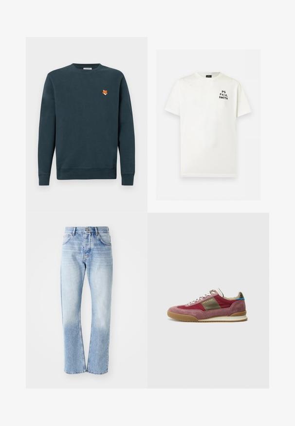 Mørk teal sweatshirt lavet af blødt stof. Rund halsudskæring, lange ærmer, med et lille broderet rævehoveddetalje på brystet.; Hvid T-shirt med korte ærmer og rund hals med sort tekst "PS PAUL SMITH" på venstre bryst.; Lyseblå denim jeans med lige ben. Har en fem-lomme design, knaplukning og en falmet tekstur mod bunden.; Sneaker med en overdel i bordeaux ruskind og stof, beige accenter og en sål i gummi i kulør; har metalliske huller til snørebånd og snørebånd.