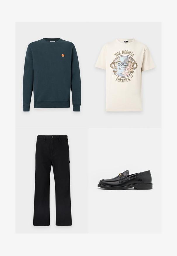 Donker teal sweatshirt gemaakt van zacht materiaal. Ronde halslijn, lange mouwen, met een kleine geborduurde voskopdetail op de borst.; Crèmekleurig T-shirt met korte mouwen en ronde hals, met een cirkelvormig kustlandschap, twee slangen en de tekst "The Kooples Dolce Vita Forever."; Zwarte katoenen broek met rechte pijpen, knoopsluiting, riemlussen en zijzakken. Gladde textuur zonder zichtbare patronen of merklabels.; Zwarte leren instappers met een ronde neus, voorzien van een gouden hardware accent en stikdetails, geplaatst op een lage, getextureerde rubberen zool.