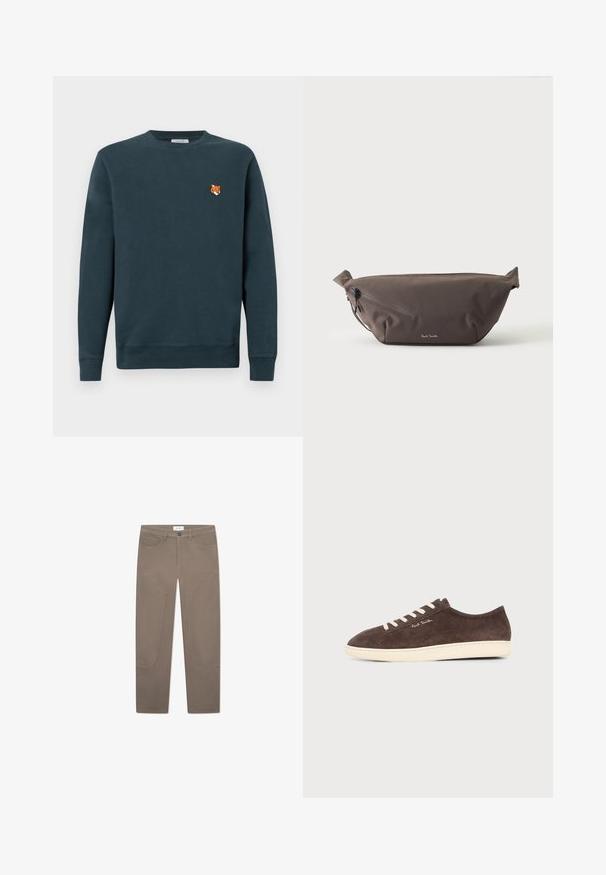 Mørk teal sweatshirt lavet af blødt stof. Rund halsudskæring, lange ærmer, med et lille broderet rævehoveddetalje på brystet.; Brune bukser med lige snit, der har forlommer og accentuerende syninger langs siderne for ekstra detaljer og tekstur.; Lavskåret mørkebrun ruskind sneaker med hvide snørebånd, hvid sål og lille "Paul Smith" signatur på siden.; Mørkebrun stof talje taske med diagonalt lynlåslomme og lille hvidt logo på fronten, sat mod en ensfarvet lys baggrund.