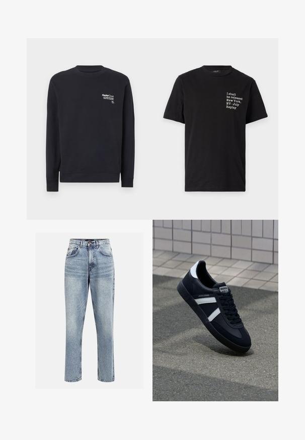 Sudadera marina de algodón con cuello redondo, mangas largas, puños acanalados y un logo impreso en blanco en la parte delantera del pecho.; Camiseta de algodón negra con texto blanco: "Seré liberado Nueva York, NY - Julio Replay", cuello redondo, mangas cortas.; Jeans de mezclilla de tiro alto en azul claro con un corte recto, cinco bolsillos y cierre de botón. Presentan un desgastado sutil y detalles de costura.; Zapatilla de cuero negra con rayas blancas, suela de goma texturizada y parte frontal con cordones. Cuenta con una etiqueta de marca en la lengüeta.