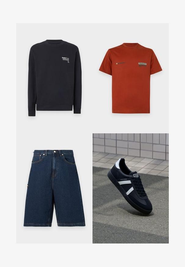 Navy Sweatshirt aus Baumwolle mit Rundhalsausschnitt, langen Ärmeln, gerippten Bündchen und einem weißen bedruckten Logo auf der Brust.; Rostfarbenes T-Shirt mit kurzen Ärmeln und Rundhalsausschnitt mit kleinen schwarzen und beigen Textlogos auf der oberen Brust, einfarbiger Hintergrund.; Dunkelblaue Denim-Shorts mit lockerer Passform, ausgestattet mit zwei vorderen Taschen und einer einzelnen Gesäßtasche, abgerundet mit orangefarbenen Nähakzenten.; Schwarze Leder-Sneaker mit weißen Streifen, strukturiertem Gummisohle und Schnürung. Verfügt über ein Markenetikett auf der Zunge.