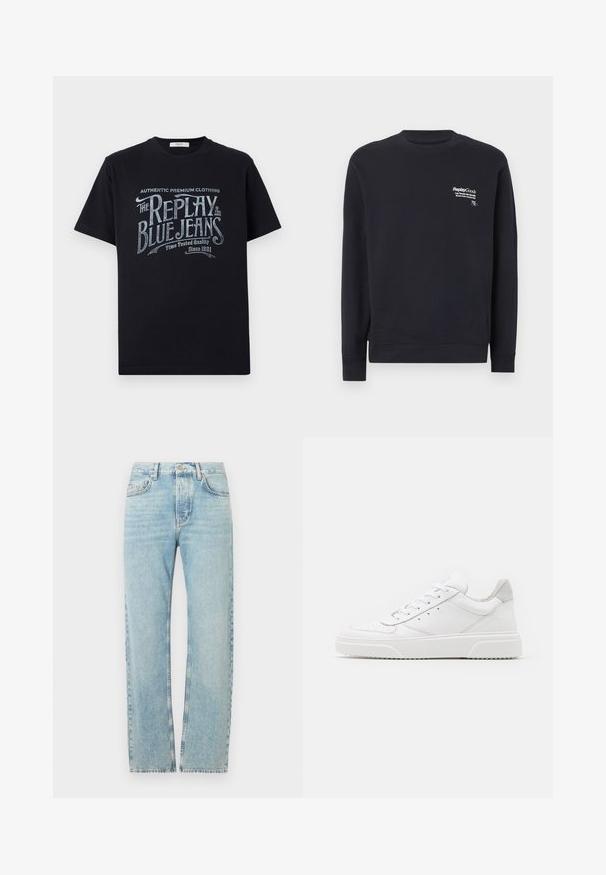 Navy Sweatshirt aus Baumwolle mit Rundhalsausschnitt, langen Ärmeln, gerippten Bündchen und einem weißen bedruckten Logo auf der Brust.; Schwarzes Baumwoll-T-Shirt mit kurzen Ärmeln und rundem Halsausschnitt, mit einem grafischen Textdesign im Vintage-Stil in Weiß und hellblau auf der Vorderseite.; Hellblaue Jeans aus Denim mit geradem Bein, ausgestattet mit einem klassischen Bund, fünf Taschen und dezenten Verwaschungen im Stoff.; Weiße Leder-Sneaker mit glatter Oberfläche, rundem Zehenbereich, flachen Schnürsenkeln und strukturiertem Schuhsohlen. Graues Wildleder-Detail an der Ferse.