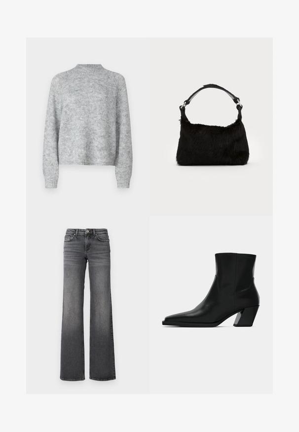Pull léger gris clair avec un col cheminée, des manches longues et une coupe décontractée. Fabriqué en tissu tricoté texturé avec des variations de couleur subtiles.; Jean en denim gris foncé à jambe droite avec une légère décoloration sur les cuisses et un design standard à cinq poches sur fond blanc.; Bottine en cuir noir avec un bout pointu, une silhouette élégante et un talon carré massif. Texture lisse avec des détails de couture minimalistes.; Sac à main en fausse fourrure noire avec une texture douce, une forme arrondie et une bandoulière en cuir noir robuste. Accent en métal argenté visible.
