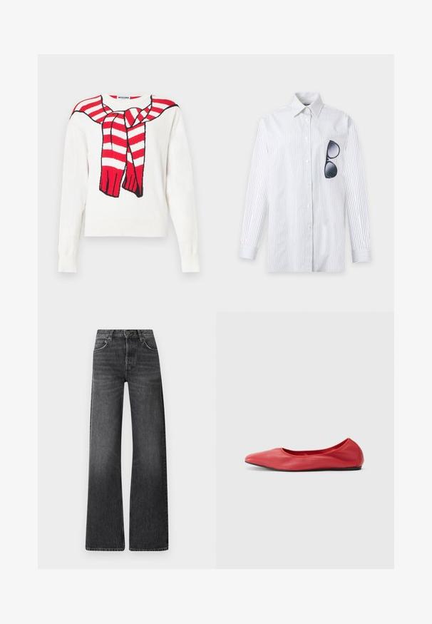 Hvid langærmet sweater med et halstørklæde design i rødt og hvidt stribet, draperet omkring halsudskæringen og bundet foran.; Hvid langærmet skjorte med knapper, med tynde lodrette sorte striber og sorte solbriller hængende i venstre brystlomme.; Sorte denim jeans med høj talje og bred ben-design. Har fem lommer og en subtil falmet tekstur med kontrastfarvet syninger.; Filippa K REY FLATS - Ballerinasko - bright red