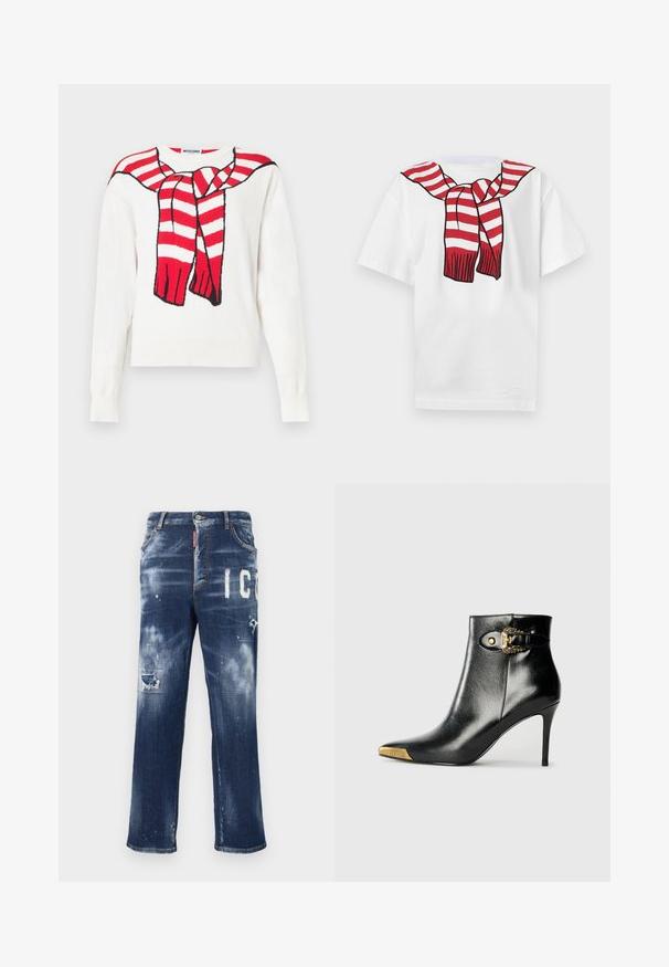 Hvid langærmet sweater med et halstørklæde design i rødt og hvidt stribet, draperet omkring halsudskæringen og bundet foran.; Hvid T-shirt med korte ærmer og et trykt rødt og hvidt stribet tørklæde bundet omkring halsen på forsiden.; Mørkeblå denimjeans med slidte lapper, lyse malingspletter og fed hvid tekst. Straight leg design med en klassisk pasform.; Sort ankelstøvle lavet af skinnende læder med spids tå, stilet hæl og guldfarvet hardware med en dekorativ spænde-detalje.