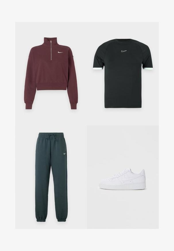 Sudadera de cremallera en color burdeos con cuello alto, diseño corto, puños y dobladillo acanalados, que presenta un logo de Nike en blanco en el pecho.; Camiseta deportiva negra hecha de una tela suave. Tiene mangas cortas con ribete blanco y un pequeño logo blanco en el pecho.; Pantalones jogger de Nike en verde oscuro, fabricados con un tejido suave, cuentan con una cintura elástica con cordón ajustable y dobladillos ajustados.; Zapatillas Nike Air Force 1 blancas con parte superior de cuero, puntera redonda, cierre de cordones, cuello acolchado y suela de goma texturizada.