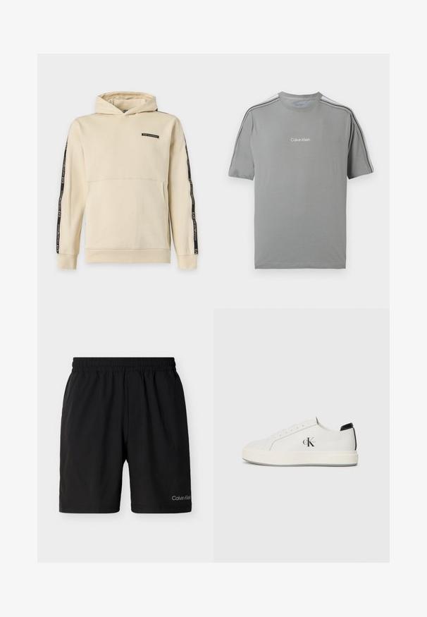 Sweat à capuche beige avec des rayures noires sur les manches, avec les logos EA7 Emporio Armani et une poche kangourou à l'avant.; T-shirt gris à manches courtes avec des rayures noires sur les épaules et les manches, arborant le logo blanc « Calvin Klein » sur la poitrine.; Shorts à taille élastique noire avec poches latérales, longueur aux genoux, arborant un petit logo Calvin Klein sur la partie inférieure de la jambe gauche.; Baskets en cuir blanc avec un bout arrondi, semelle en caoutchouc plate et accent de talon noir. Présente un logo Calvin Klein noir prominent sur le côté.
