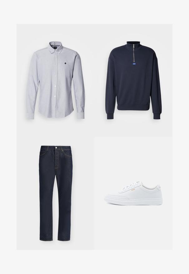 Donkerblauwe sweatshirt met een hoge kraag en een halve rits, met ribgebreide manchetten en zoom, en een klein blauw logo aan de voorkant.; Lichtblauw overhemd met lange mouwen, gemaakt van een gestructureerde stof. Voorzien van een klein logo op de linkerborst en standaard manchetten.; Donkerblauwe rechte spijkerbroek met knoop- en ritssluiting aan de voorkant, riemlussen en voor- en achterzakken.; Witte leren sneakers met een gladde textuur, ronde neus en tonale stiksels. Voorzien van blauwe veters en een gouden logo op de zijkant.