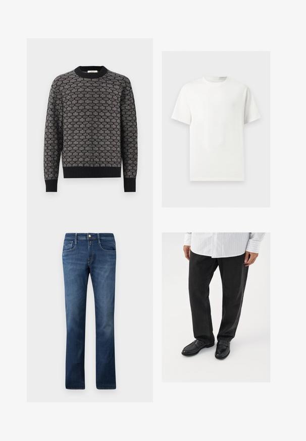 Schwarzer und grauer gestrickter Pullover mit einem strukturierten Wabenmuster, rundem Ausschnitt und gerippten Bündchen und Saum. Klassische Passform.; Ein einfaches weißes T-Shirt mit kurzen Ärmeln und Rundhalsausschnitt, dargestellt auf einem hellgrauen Hintergrund.; Blaue Denim-Jeans mit geradem Schnitt, ausgestattet mit Fronttaschen, einem Reißverschluss und einem Knopfverschluss. Mittlere Waschung mit subtilen Ausbleichungen.; Schwarze Jeans kombiniert mit glänzenden schwarzen Slippern. Das Hemd ist weiß mit dünnen vertikalen Streifen, hat lange Ärmel und einen geknöpften Kragen.