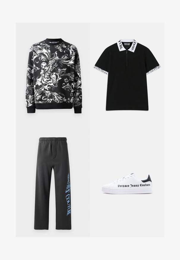 Schwarzer Pullover mit aufwendigen weißen Blumenmustern, rundem Halsausschnitt und gerippten Bündchen. Glattes Material mit entspanntem Schnitt.; Schwarzes Poloshirt mit einem Halb-Reißverschluss, weißem, gebrandetem Kragen und Bündchen, die ein kontrastierendes Logomuster zeigen. Kurzarm. Aus Baumwolle.; Schwarze Sweatpants aus weichem Material, mit lockerer Passform und elastischem Bund. Auffälliger blauer Aufdruck entlang der Seite.; Weißer Sneaker mit niedrigem Schnitt, schwarzem Fersenlasche, Schnürdesign und dem Schriftzug "Versace Jeans Couture" in Schwarz auf der Seite gedruckt.