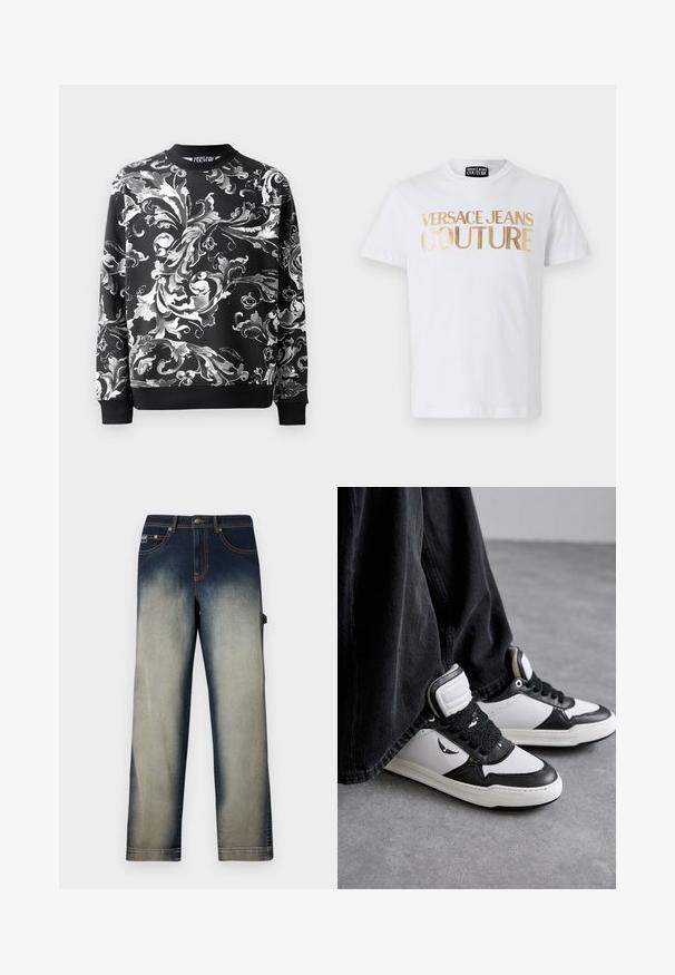 Sudadera negra con intrincados patrones florales blancos, escote redondeado y puños acanalados. Tejido suave con un corte relajado.; Camiseta de algodón blanca con llamativos letreros en dorado que dicen "VERSACE JEANS COUTURE" en la parte frontal. Cuello redondo y mangas cortas.; Jeans de denim de pierna recta con efecto desvanecido desde la cintura azul oscuro hasta las piernas azul claro, que cuentan con bolsillos frontales y pasadores para cinturón.; Zapatillas altas en blanco y negro con un detalle de cordón negro texturizado, material de cuero y sintético, con un logo en el lado.