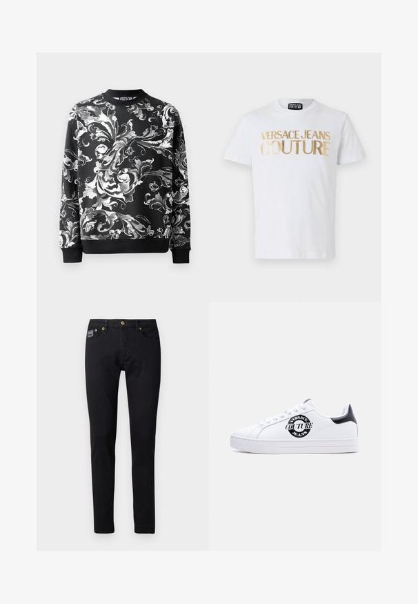 Mustra musternägu must veel ilusa musta lahega kätetõmbed. Sujuv kangas, millel on mugav lõige.; Valge puuvillane T-särk, millel on esiküljel rasvased kuldsed "VERSACE JEANS COUTURE" tähtedega kiri. Ümmargune kaelus ja lühikesed varrukad.; Mustad denim teksad, mis on slim fit stiilis, kuldse viimistluse ja viie taskuga, ning paremas taskus on väike brändi silt.; Valge madala säärega toss musta kannatabiga, musta ümmarguse "Versace Jeans Couture" logoga külje peal, valged paelad ja põranda külge pressitud tekst.