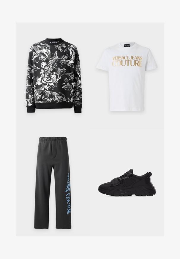 Schwarzer Pullover mit aufwendigen weißen Blumenmustern, rundem Halsausschnitt und gerippten Bündchen. Glattes Material mit entspanntem Schnitt.; Weißes Baumwoll-T-Shirt mit fettem goldenen "VERSACE JEANS COUTURE" Schriftzug auf der Vorderseite. Rundhalsausschnitt und kurze Ärmel.; Schwarze Sweatpants aus weichem Material, mit lockerer Passform und elastischem Bund. Auffälliger blauer Aufdruck entlang der Seite.; Schwarzer klobiger Sneaker mit Mesh- und Lederpaneelen, dicker strukturierter Sohle, Schnürung vorne und einem Riemen mit Metallnieten über den Schnürsenkeln.