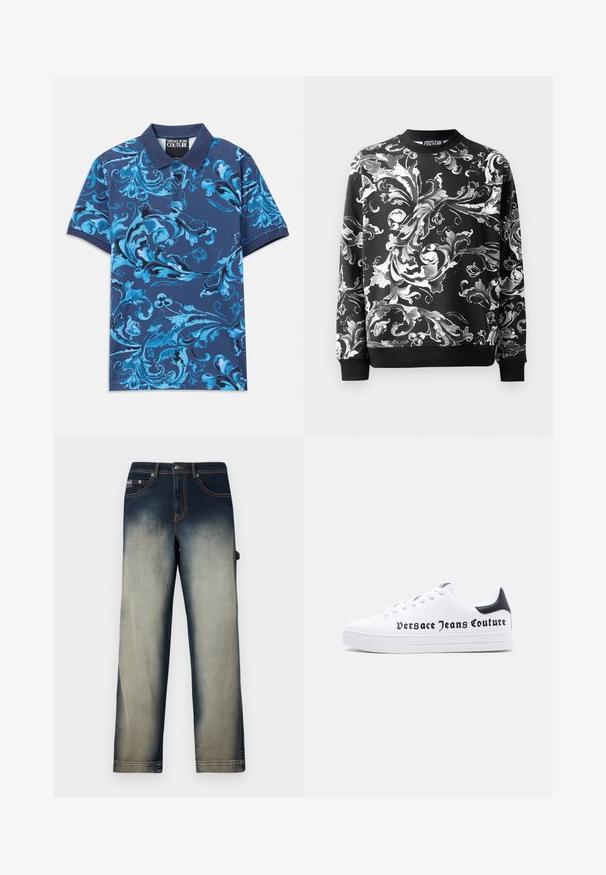 Schwarzer Pullover mit aufwendigen weißen Blumenmustern, rundem Halsausschnitt und gerippten Bündchen. Glattes Material mit entspanntem Schnitt.; Marineblaues Poloshirt mit blauem floralen Wirbelmuster, kurzen Ärmeln und Knopfkragen. Hergestellt aus Baumwollstoff, mit glatter Textur.; Gerade geschnittene Denim-Jeans mit verblasstem Effekt von dunkelblauem Bund zu hellblauen Beinen, ausgestattet mit Fronttaschen und Gürtelschlaufen.; Weißer Sneaker mit niedrigem Schnitt, schwarzem Fersenlasche, Schnürdesign und dem Schriftzug "Versace Jeans Couture" in Schwarz auf der Seite gedruckt.