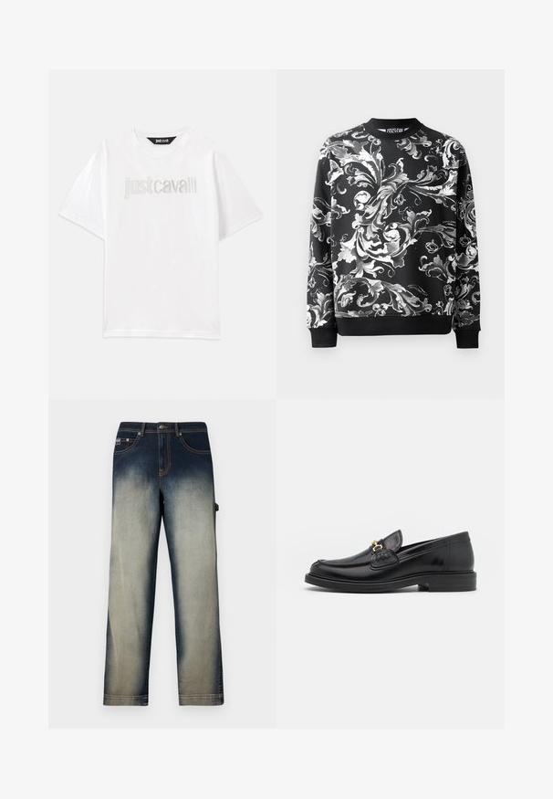 Schwarzer Pullover mit aufwendigen weißen Blumenmustern, rundem Halsausschnitt und gerippten Bündchen. Glattes Material mit entspanntem Schnitt.; Weißes Baumwoll-T-Shirt mit kurzen Ärmeln und lockerer Passform. Mit "Just Cavalli" in Silber auf der Brust gestickt.; Gerade geschnittene Denim-Jeans mit verblasstem Effekt von dunkelblauem Bund zu hellblauen Beinen, ausgestattet mit Fronttaschen und Gürtelschlaufen.; Schwarze Lederleter mit einer abgerundeten Zehenpartie, ausgestattet mit goldenen Hardwareakzenten und Stichdetails, auf einer niedrigen, strukturierten Gummisohle.