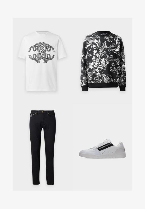 Sweatshirt noir avec des motifs floraux blancs élaborés, col rond et manches côtelées. Tissu lisse avec une coupe décontractée.; T-shirt blanc avec un motif noir complexe et symétrique de serpents entrelacés sur le devant.; Jeans en denim noir avec une coupe slim, ornés de garnitures en ton doré, cinq poches, et une petite étiquette de marque sur la poche droite.; Baskets basses blanches avec panneau latéral noir portant l'inscription "Versace Jeans Couture", à lacets sur le devant, avec des détails perforés sur le bout et le côté.