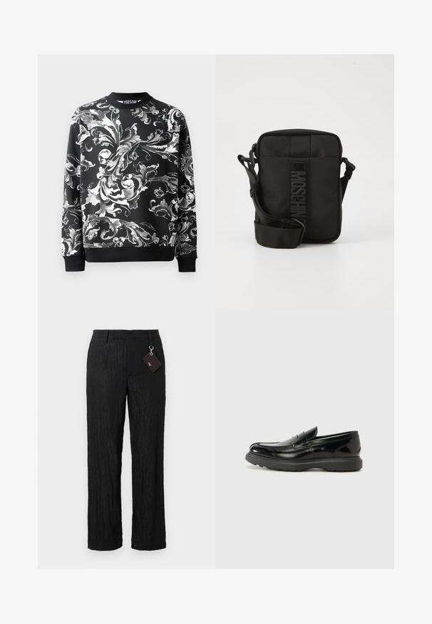 Sort sweatshirt med indviklede hvide blomster mønstre, rund halsudskæring og ribbede manchetter. Glat stof med en afslappet pasform.; Sorte, teksturerede bukser med vide ben, glat overflade og synlige sømme; inkluderer et mærke fastgjort med en sølvhardware løkke.; Sort læderloafer med en blank finish, rund tå, subtile syninger og en tyk gummisål for holdbarhed.; Kompakt sort crossover taske med justerbar rem og lodret MOSCHINO-logo på den forreste midterste panel mod hvid baggrund.
