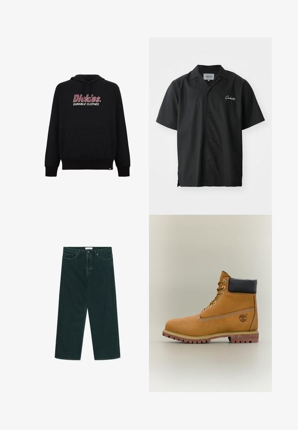 Dickies Hættetrøje - black; Sort kortærmet skjorte med knapper og campingkrave, med et hvidt broderet logo på brystet og en afslappet pasform.; Mørkegrønne vidde denimjeans med knap- og lynlås lukning, forlommer og bæltestropper, liggende fladt på en hvid baggrund.; Brun læderankelstøvle med sort krave, gule snørebånd og tanfarvet sål. Har logo og hvide syninger som detalje. Robust ydersål med greb.