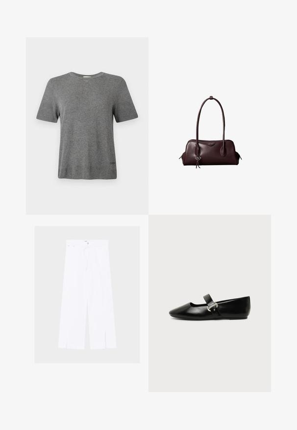Camiseta gris de manga corta hecha de tela suave. Cuello redondo, corte relajado, con un logo sutil en el dobladillo. Textura uniforme en toda la prenda.; Pantalones blancos de pierna ancha con aberturas delanteras en el bajo, cierre de botón y cremallera, y cinturilla estrecha con trabillas.; Zapato plano Mary Jane de cuero negro con punta redondeada y hebilla plateada sobre un fondo liso.; Bolso de mano de cuero marrón oscuro Calvin Klein con asas dobles largas y un pequeño colgante con el logotipo colgando de una de las asas.