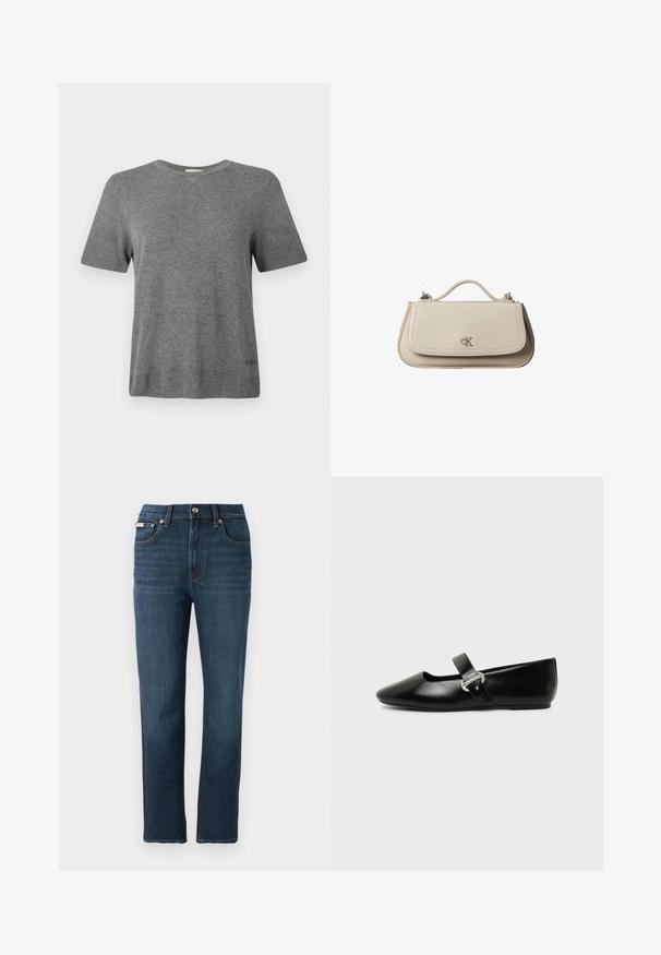 T-shirt gris à manches courtes en tissu doux. Col rond, coupe décontractée, avec un logo discret à l'ourlet. Texture lisse partout.; Jean en denim bleu foncé avec une coupe droite, poches avant, fermeture par bouton et détails de couture subtils sur la taille.; Chaussure plate Mary Jane en cuir noir avec bout arrondi et bride à boucle argentée sur fond uni.; Petit sac à main en cuir beige avec poignée supérieure et logo CK argenté sur le rabat avant, présenté sur fond blanc.