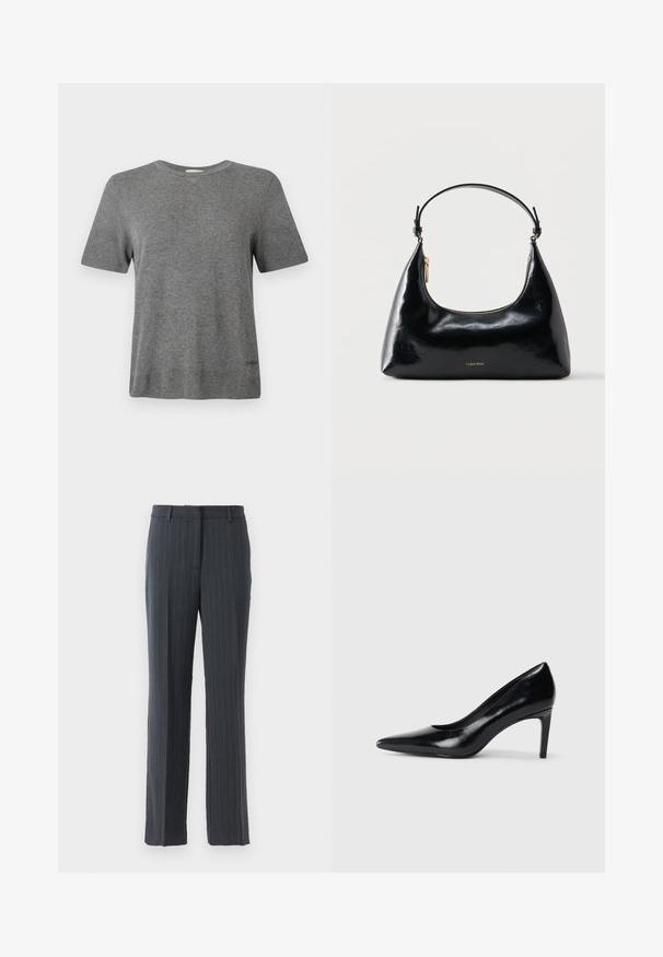 Camiseta gris de manga corta hecha de tela suave. Cuello redondo, corte relajado, con un logo sutil en el dobladillo. Textura uniforme en toda la prenda.; Pantalones de traje rectos de color gris oscuro con rayas, con trabillas y cierre de cremallera frontal sobre un fondo blanco.; Zapato de tacón alto de cuero negro con punta afilada, textura suave y tacón en forma de cono. Diseño minimalista, sin adornos adicionales.; Bolso negro brillante de Calvin Klein con cremallera dorada y correa corta sobre un fondo blanco liso.