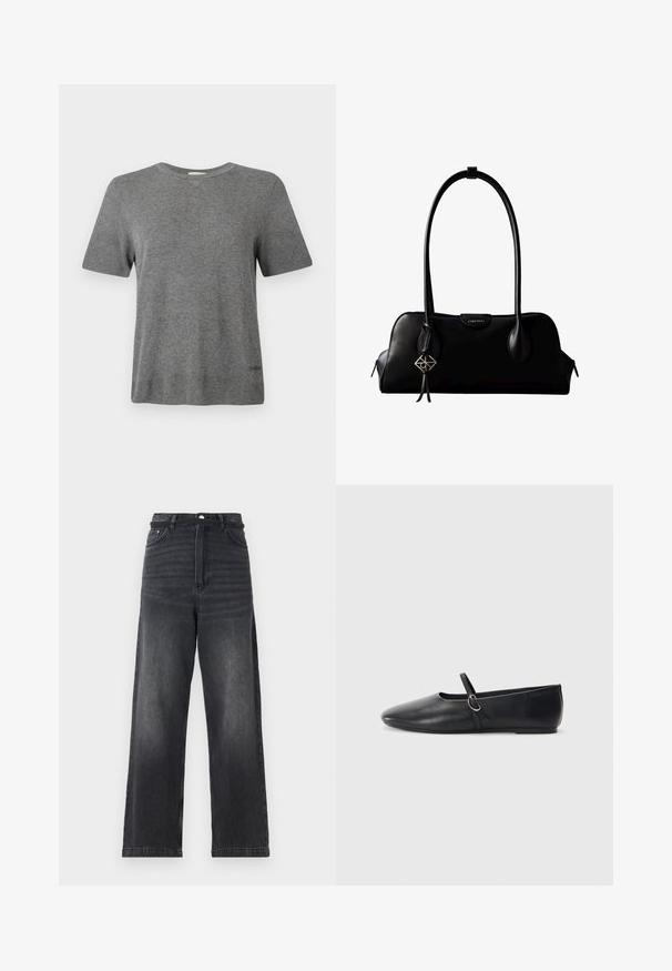 T-shirt gris à manches courtes en tissu doux. Col rond, coupe décontractée, avec un logo discret à l'ourlet. Texture lisse partout.; Jeans en denim noir à jambes larges avec une taille haute, dotés d'une fermeture à bouton, de cinq poches et d'un léger délavage le long des jambes.; Ballerines noires en cuir avec un bout pointu, une semelle plate et une petite sangle avec un détail de boucle en argent.; Sac à main en cuir noir Calvin Klein avec de longues anses, une étiquette logo à l'avant et un charme géométrique argenté suspendu à une anse.
