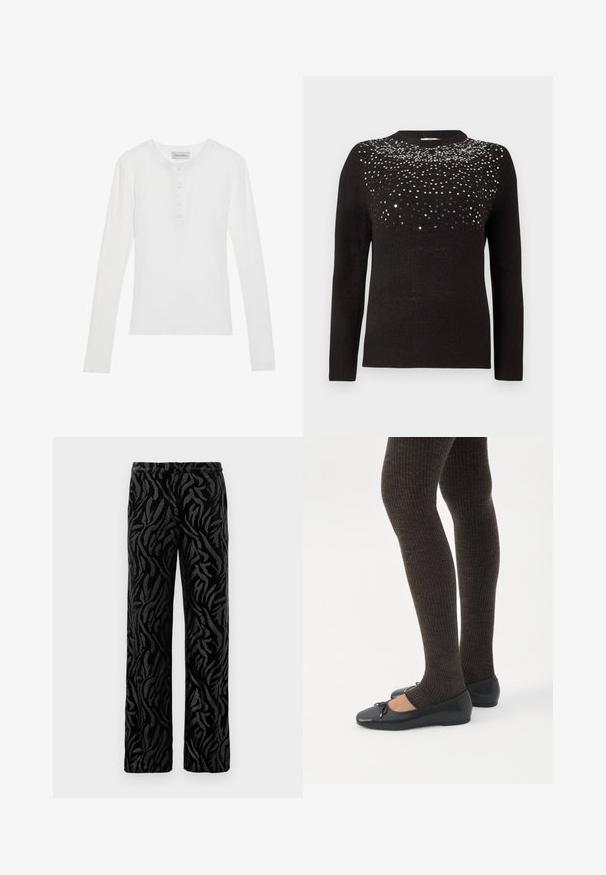 Suéter negro de manga larga y cuello redondo. Parte superior adornada con un degradado de lentejuelas negras y plateadas. Textura suave.; Camisa blanca de manga larga con textura acanalada, escote redondeado, tapeta de tres botones y tejido suave. Etiqueta de la marca visible en el cuello.; Pantalones negros con un patrón texturizado y en espiral. Fabricados con un material suave, tienen un corte de pierna recta y una cinturilla elástica para mayor comodidad.; Piernas con leggings oscuros acanalados combinados con bailarinas negras que presentan pequeños detalles de lazo sobre un fondo blanco.